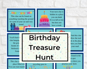 May include: A set of printable cards for a birthday treasure hunt. The cards are colourful and feature illustrations of birthday cakes, presents, and other festive items. Each card has a clue written on it, leading to the next clue in the hunt. The text on the cards reads "Birthday Treasure Hunt".