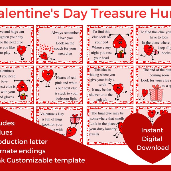 Valentine's Day Treasure Hunt Clues for Kids; Valentines Scavenger Hunt Cards; Valentines Day Printable Game; Kids Valentine Gift Activity