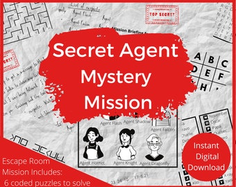 May include: A red and white printable escape room game with the title "Secret Agent Mystery Mission". The game includes 6 coded puzzles to solve. The image also shows a list of suspects, a mission briefing, and a grid with letters.