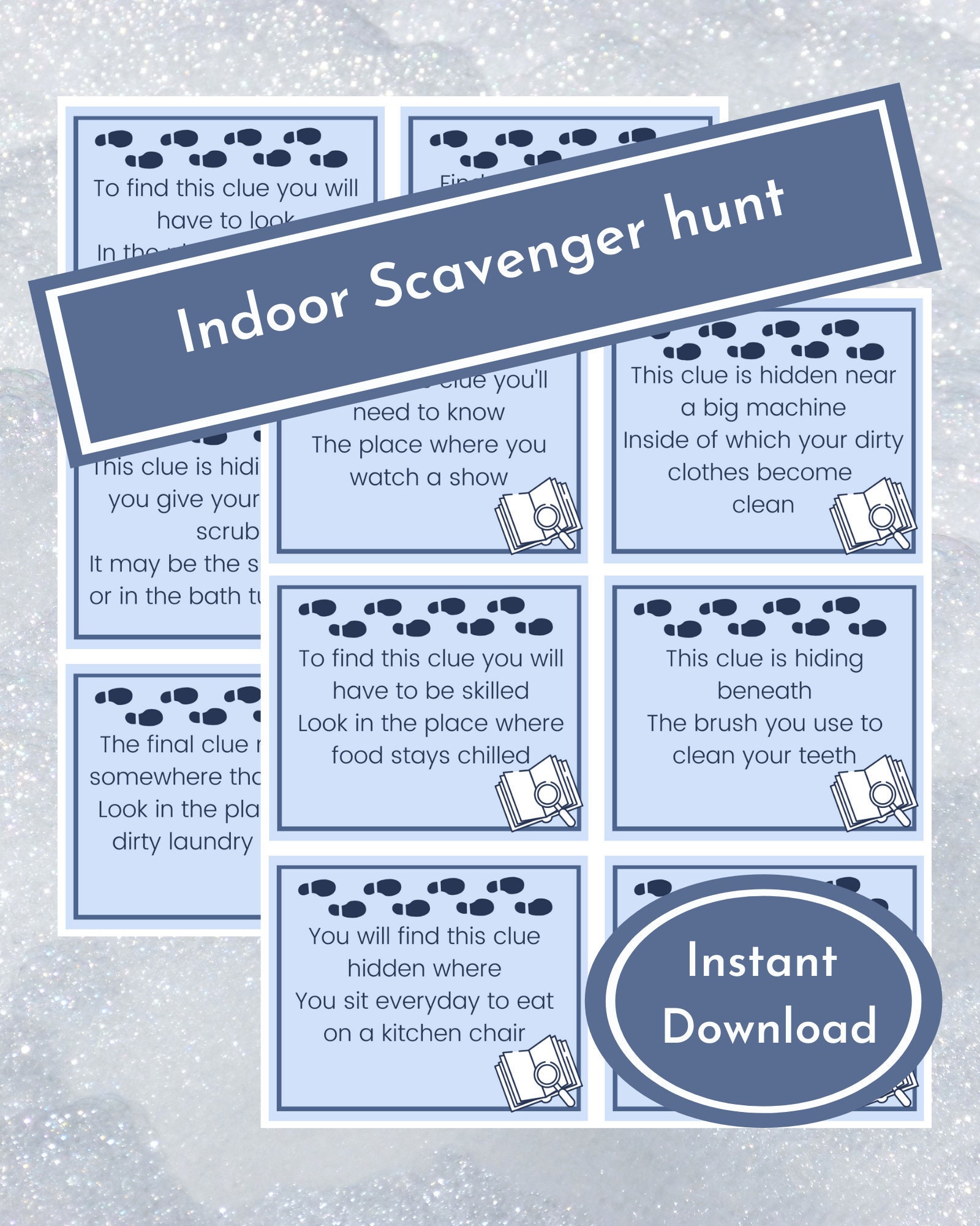 Indoor Scavenger Hunt, Treasure Hunt for Kids Template, Printable Clue