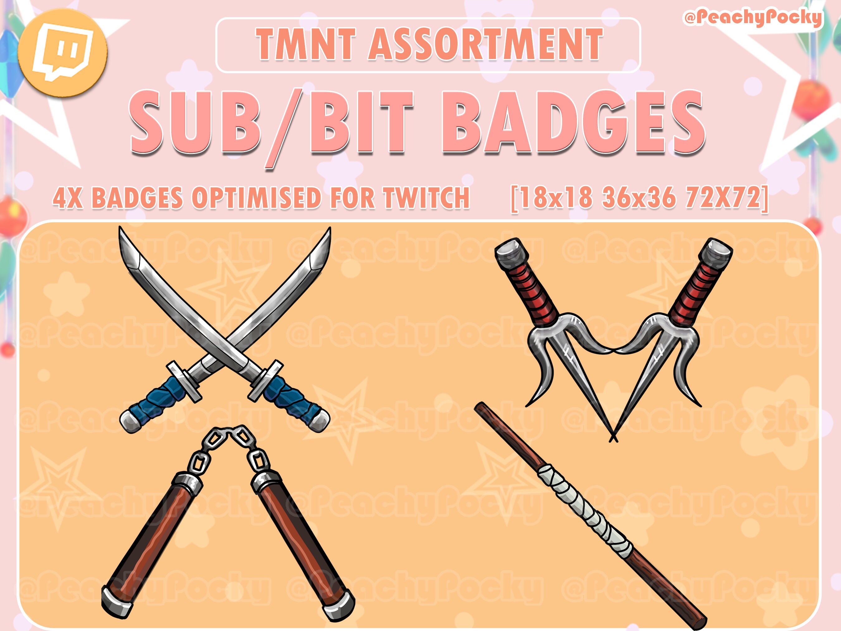 4x Teenage Mutant Ninja Turtles Weapons Twitch Sub Badges / Etsy