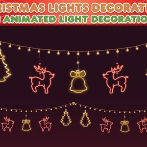 May include: A string of Christmas lights with animated reindeer, bell, and tree designs. The lights are gold and the designs are red. The text "Christmas Lights Decoration 1 Animated Light Decoration" is at the top of the image.