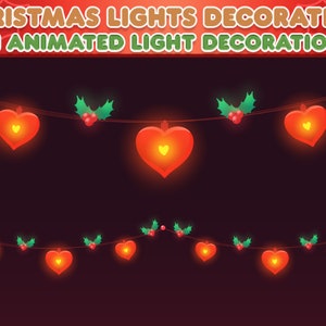 May include: Animated Christmas lights decoration showing strings of glowing red heart-shaped lights with yellow centres, interspersed with green holly and red berries. The text at the top reads "CHRISTMAS LIGHTS DECORATION" and "1 ANIMATED LIGHT DECORATION."