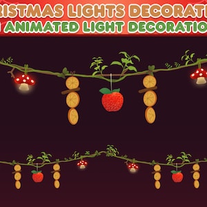 Puede incluir: Una cadena de luces navideñas con un tema de bosque. Las luces están enhebradas en una rama con hojas verdes y presentan manzanas rojas, rodajas de naranja y setas rojas y blancas. El texto "1 ANIMATED LIGHT DECORATION" se muestra en la parte superior de la imagen.