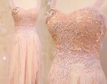 Unique upcycled Boho chic tattered dress in Pastel pink & soft Coral - unconventional Boho wedding dress - Fairytale pink gown Bustier dress