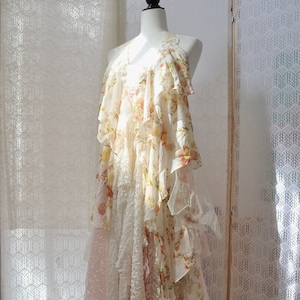 Faerie Wedding Dress - Peach and cream vintage lace Handmade Cottage chic bridal gown Rustic wedding fairy dress made from antique laces