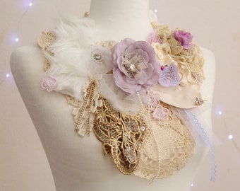 Boho chic floral Faerie Necklace - Gold and lavender embroidered collar - Art to wear - Unique rococo alternative wedding collier