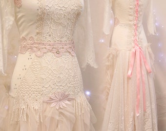 Shabby chic upcycled wedding dress - white, pearly & pink Fairytale dress - 3/4 sleeves Boho lace bridal dress - Romantic fairy wedding