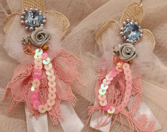 Handmade shabby chic Fairy earrings - Art to wear - unique upcycled lace jewelry - One of a kind statement earrings - Rustic chic