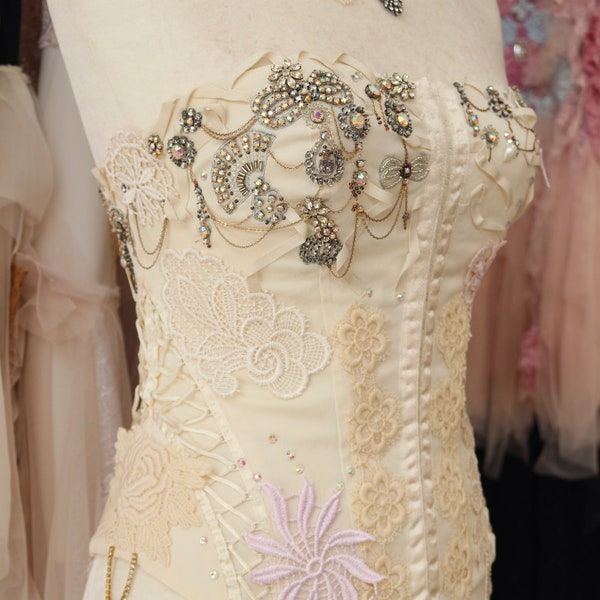 Patchwork Beaded Corset with Pleated Straight Pants