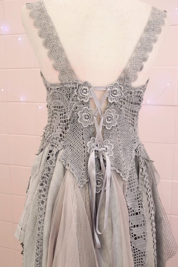 Ragged Princess Fairy Silver Dress - Recycled Crochet & Tulle Short Dress -  Fairytale Forest Wedding - Fall Festival - Romantic Fantasy - Etsy