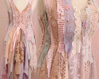 handmade Fairy dress in pastel shades - one of a kind recycled fairytale dress - Boho fairy wedding dress - tattered shabby chic fashion