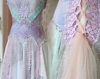 handmade Lilac fairy dress - recycled wearable art - shabby chic Fairy festival outfit - Boho aqua beach wedding - mermaid short dress