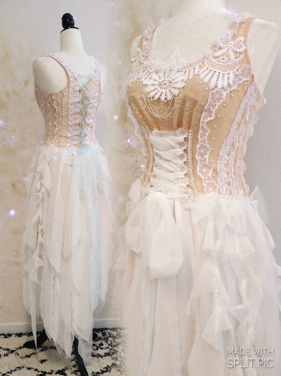 Ragged Chiffon Fairy Dress - Unconventional Boho Fairytale Wedding - Rustic  Chic - Bohemian Angel - Nude and White Bridal Gown - Etsy