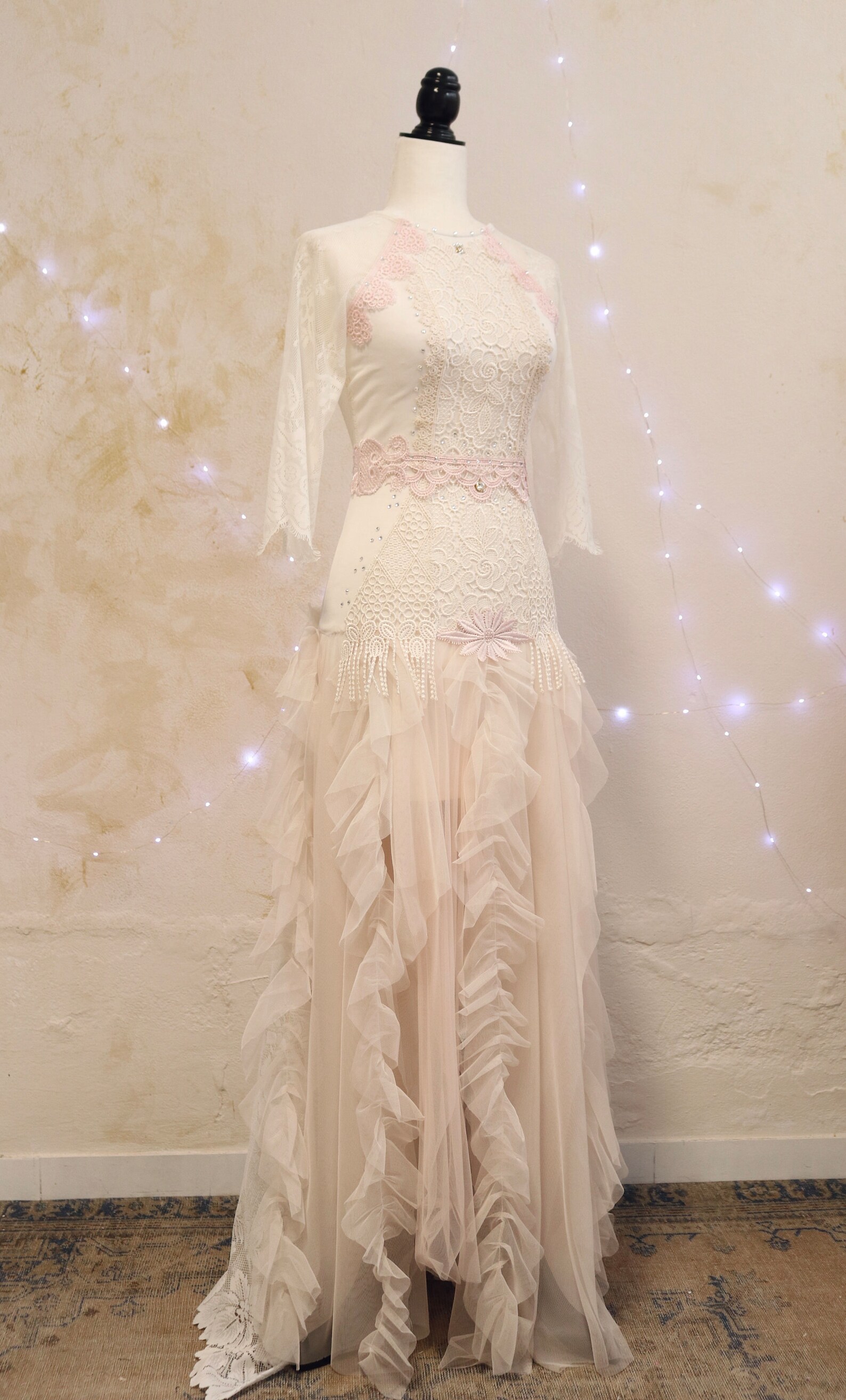 Shabby Chic Upcycled Wedding Dress - White, Pearly & Pink Fairytale Shabby Chic Upcycled Wedding Dress - White, Pearly & Pink Fairytale