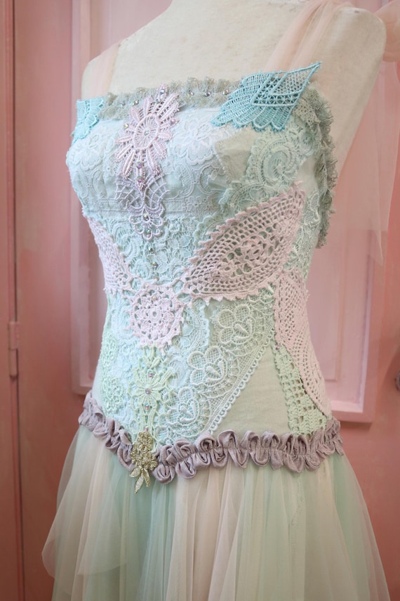 strapless open back dress Mint Green Prom Dress Tulle Lace Long Elegant Corset Formal Party Evening Dress, Mint Green main image 1