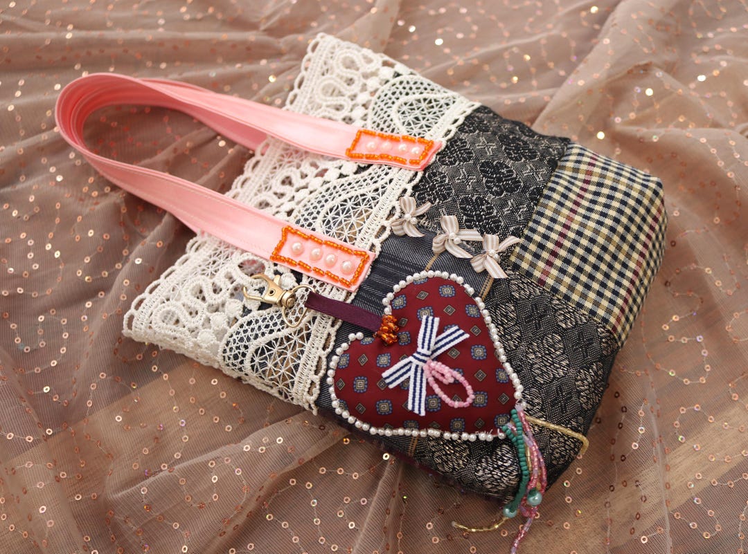 Small Purses Handcraft Handmade Mini Tote Bag With Heart Keyring - Patchwork Beaded Mini ...
