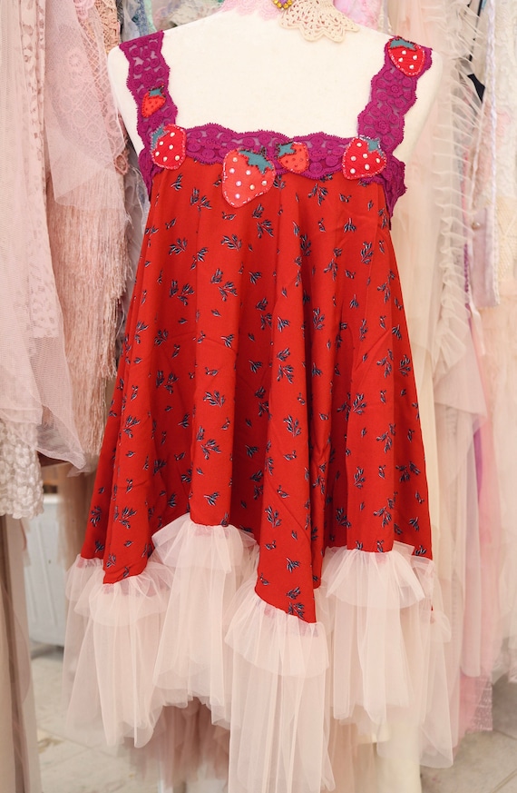 Handmade Strawberry Flowy Dress - Oversized Balloon Cottage Chic Tunic Dress  - Lolita Wearable Art - Fairy Garden - Boho Chic Cherry Dress - Etsy