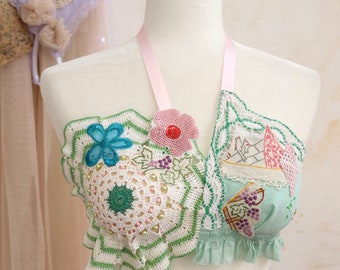 Handmade embroidered Fairy top - Padded festival top - beaded green upcycled backless top - unique Cottage crochet top