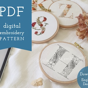 Floral letter &quot;H&quot; digital embroidery pattern & guide