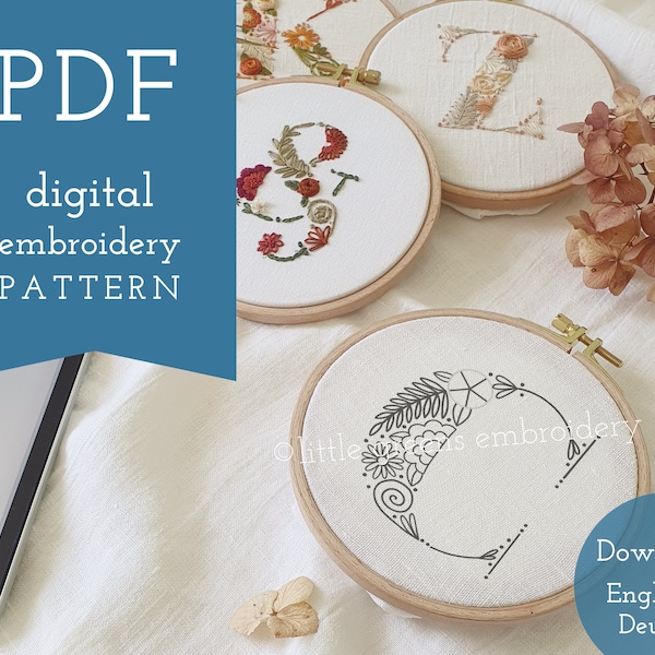 Floral letter "C" digital embroidery pattern & guide