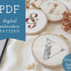Floral letter &quot;V&quot; digital embroidery pattern & guide