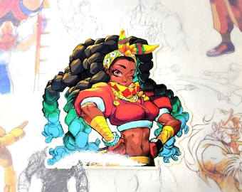 May include: A colorful illustration of a woman with long, braided hair. She is wearing a red and yellow outfit with a blue and green scarf. The woman is looking to the side and has a confident expression.
