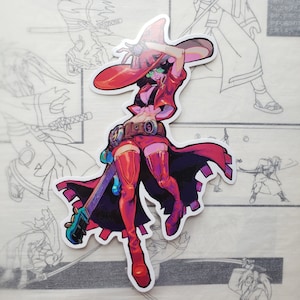 May include: A sticker featuring a cartoon woman wearing a red hat and boots, holding a guitar. She has a red and black outfit with a belt and a green eye patch. The background is white.