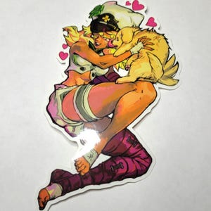 May include: A sticker featuring a cartoon woman with blonde hair wearing a white hat and a pink and white outfit. She is holding a small, yellow dog in her arms. The sticker has a pink heart design around the edges.