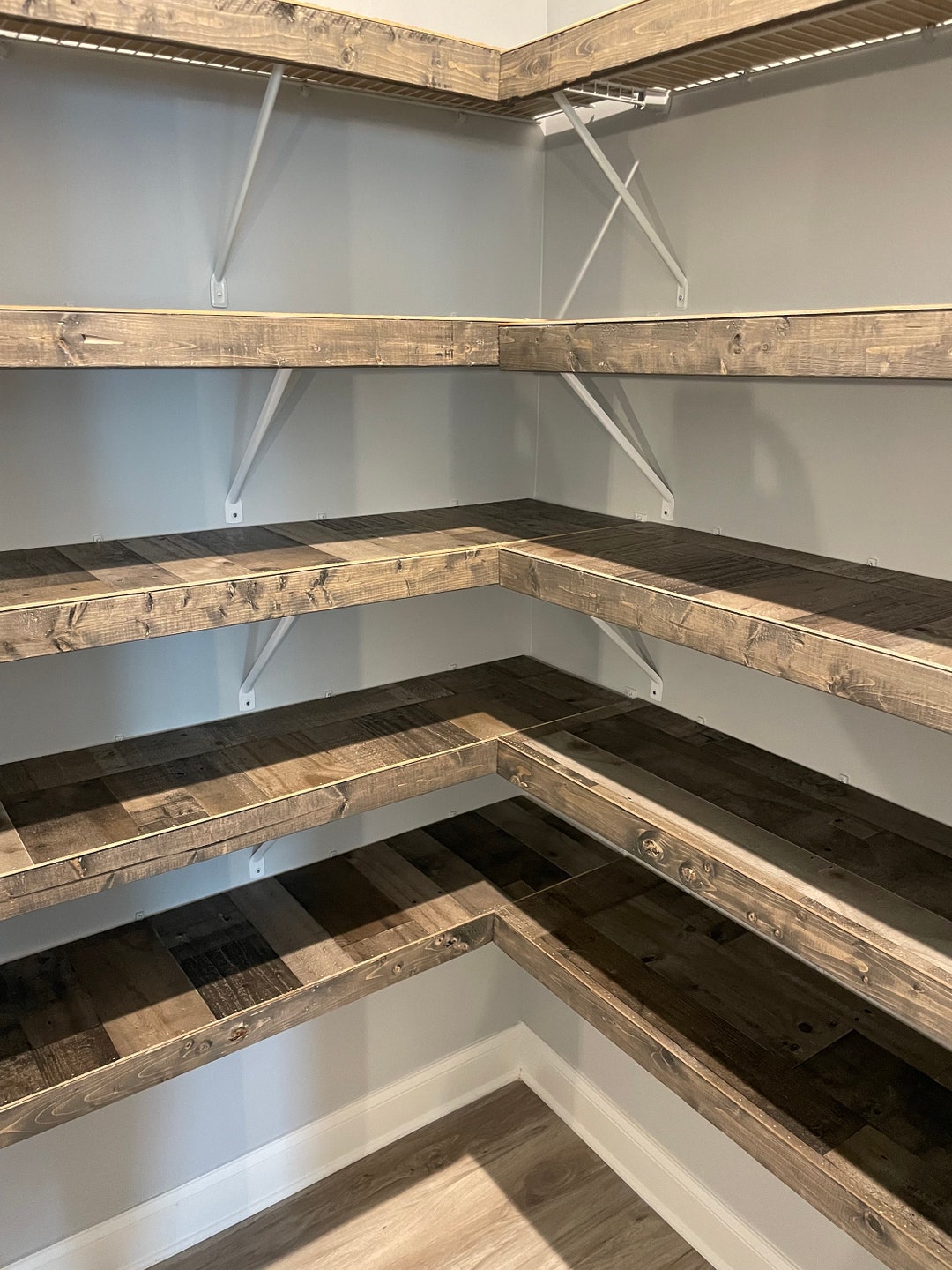 Custom Rustic Gray Wood Shelf Metal Wire Rack Cover Pantry Kitchen Home