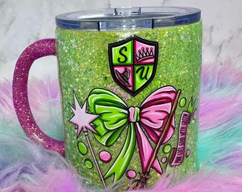 Tazza da caffè Wicked – Tazza glitterata con fiocco rosa e verde