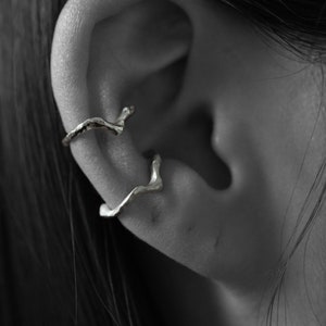 Dainty Arched ear cuff, sterling silver, and yellow bronze, nature inspired, elven jewelry, rustic texture, handmade jewelry,