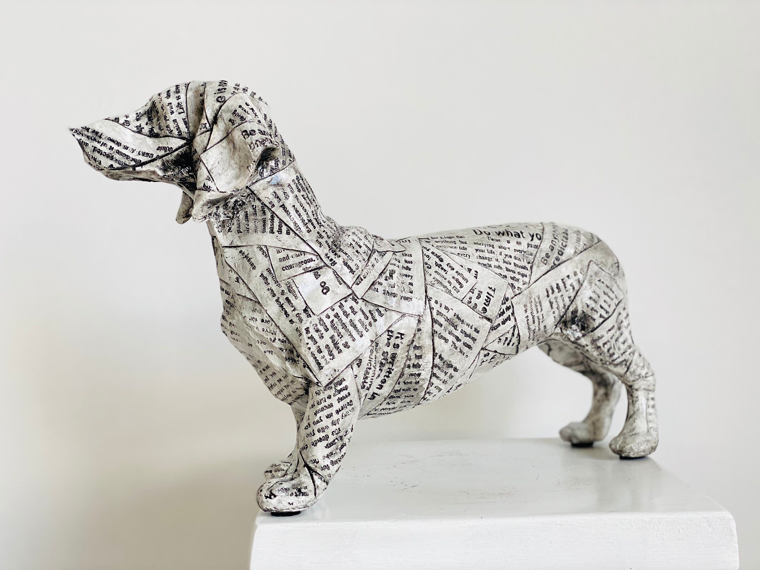 Pop Art Dog Statue, Large Dachshund Dog Sculpture, Newspaper Covered