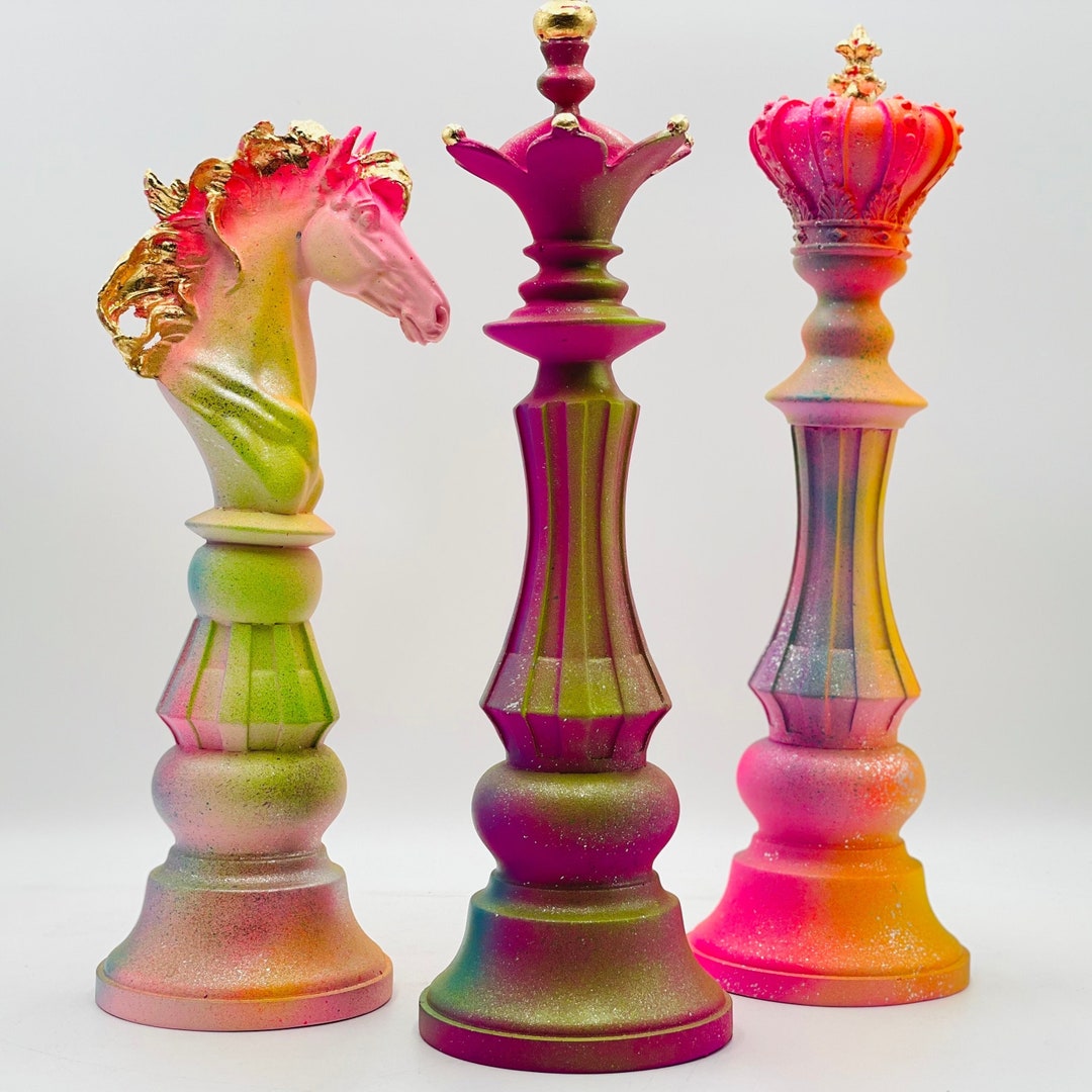 Rainbow Chess Set Statues, King, Queen and Knight Sculpture, Unique ...