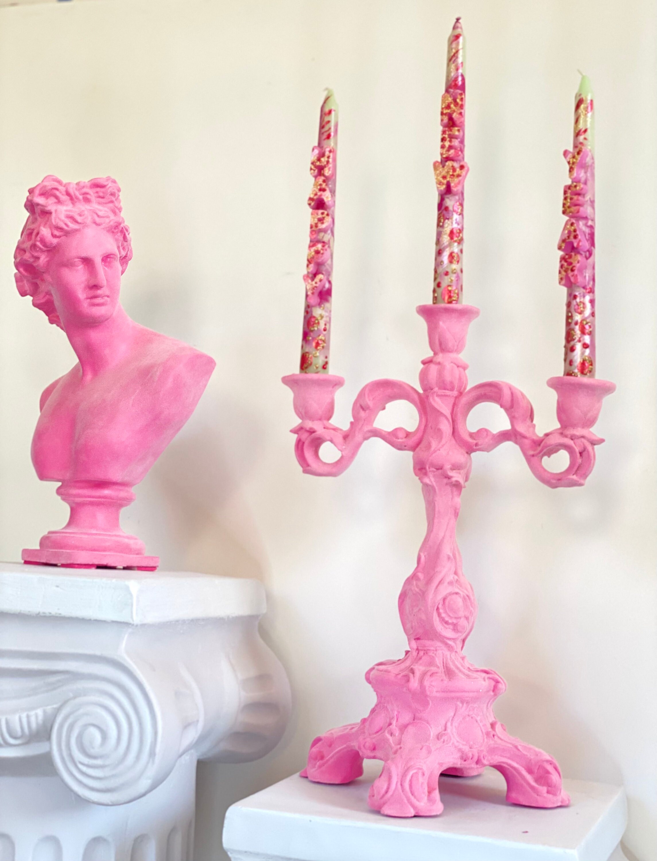 Pink Flocked Candelabra Velvet Candlestick Holder Handmade Candleholder Centerpiece Pop Art Pink Resin Object Gift for Her Gift for Him Etsy