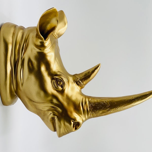 Golden Rhino Wall Mount - Wild Animal Wall Sculpture - Animal Head Resin Wall Hanging - Home Interior Wall Art Decor