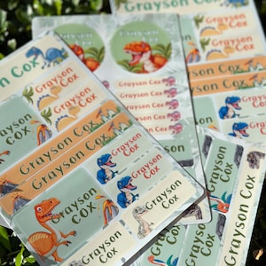 Dinosaur Back to School Personalized Sticker Kit | 56 Custom Name Stickers | School Supply Labels