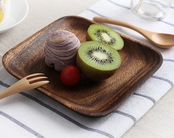 2Pcs Premium Square Wooden Plate Set Dessert Serving Tray Acacia Wood Cake Plate Dishes Wood Sushi Plate Dinnerware Tableware Eco Friendly