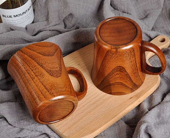 Wood Tea Cup with Handle and Saucer Natural Small Wooden Coffee Mug Drink  Set 2
