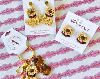 Golden Dog Inspired Earrings or Bag Charm | Handmade Clay Dog Accessories | Dangle, Stud, or Charm Option