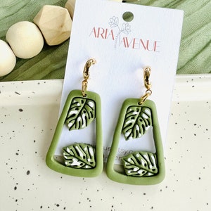 Monstera Clay Earrings, Variegated Monstera Earrings
