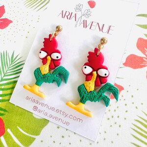 Rooster Sidekick Inspired Dangle Earrings, Whimsical Rooster Dangle Earrings | Tropical Farm Bird Earrings | Handmade Polymer Clay Earrings