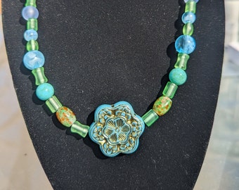 Blue Flower Beaded Statement Necklace – Boho Aqua Green Glass Beads (Adjustable 9-13")