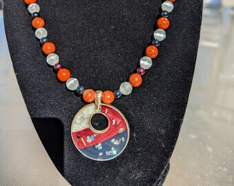 Red Beaded Pendant Necklace, Adjustable Handmade Boho Jewelry, Gift for Women