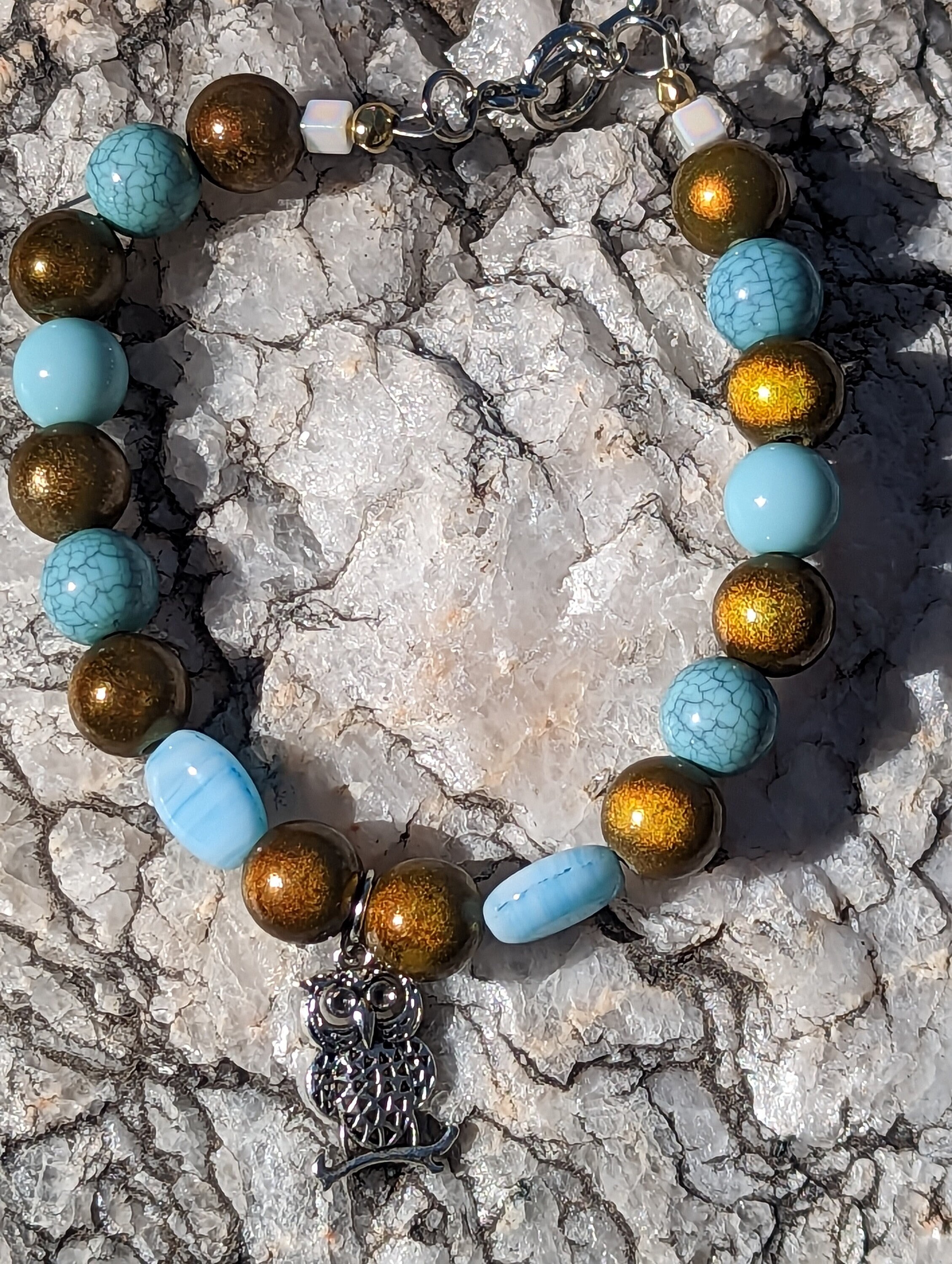 Beaded Owl Bracelet, Blue & Green Stone Charm Bracelet