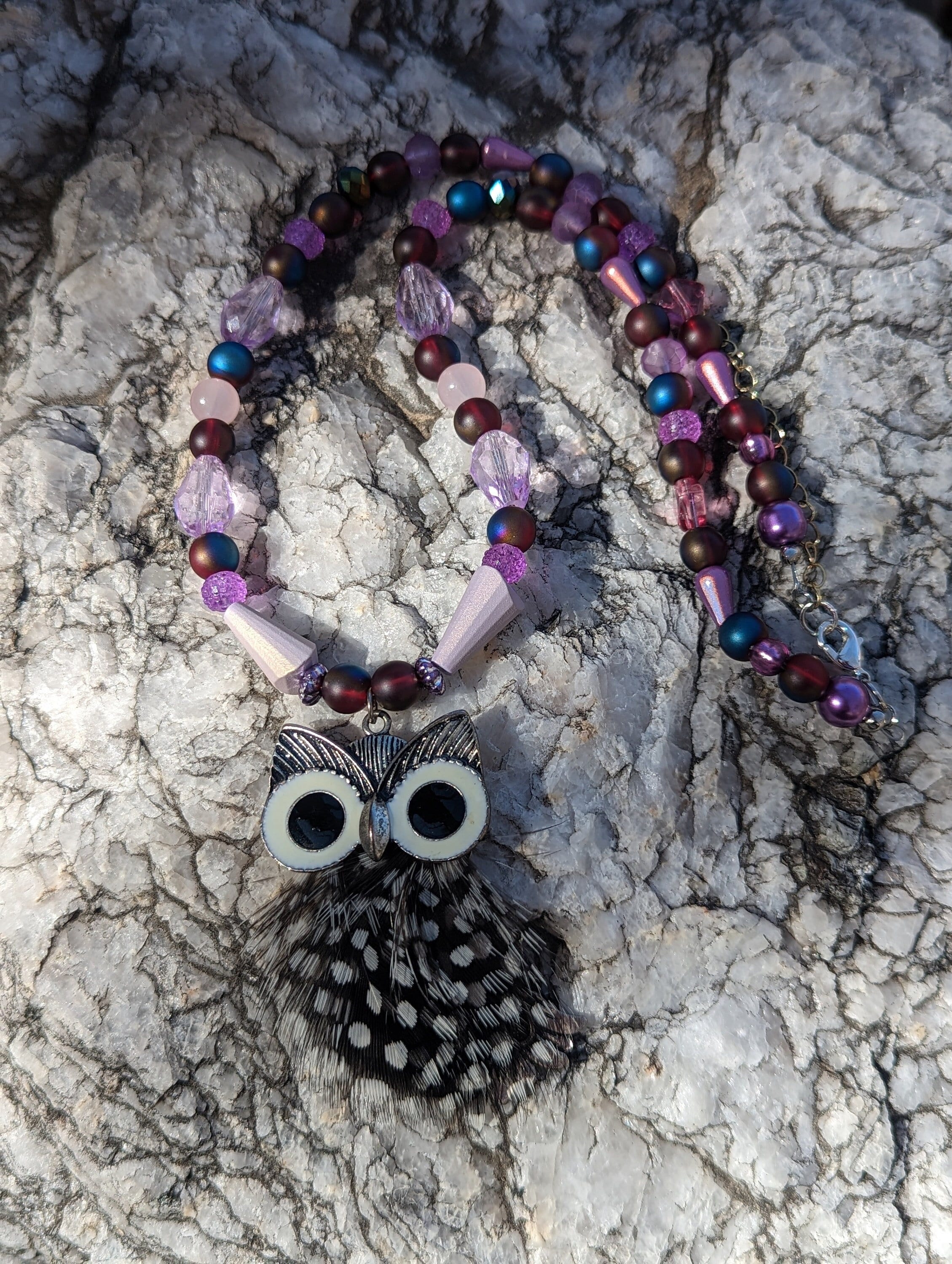 Beaded Owl Necklace, Feather Charm, Adjustable Length