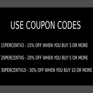 Puede incluir: Texto en blanco y negro sobre fondo negro. El texto dice "USAR C&Oacute;DIGOS DE CUP&Oacute;N" y enumera tres c&oacute;digos de cup&oacute;n con descuentos para comprar 3, 5 o 10 art&iacute;culos o m&aacute;s. Los c&oacute;digos son 15PERCENT43, 20PERCENT45 y 30PERCENT410.