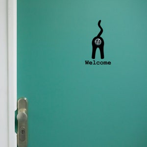 Peephole vinyl decal sticker, cat welcome sign, front door sign for apartment peephole