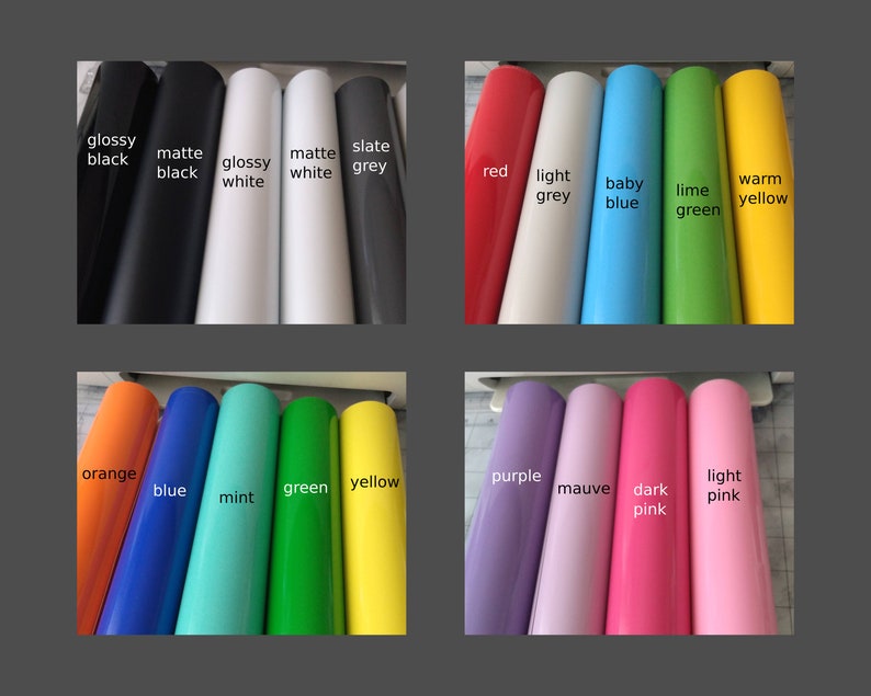 Puede incluir: Una variedad de colores de vinilo en rollos, incluyendo negro brillante, negro mate, blanco brillante, blanco mate, gris pizarra, rojo, gris claro, azul beb&eacute;, verde lima, amarillo c&aacute;lido, naranja, azul, verde menta, amarillo, morado, malva, rosa oscuro y rosa claro.