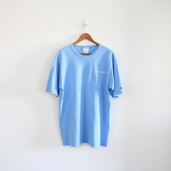 Vintage 90s Champion T-Shirt, Size XL, Sky Blue, Embroidered Spell Out Logo, 100% Cotton.